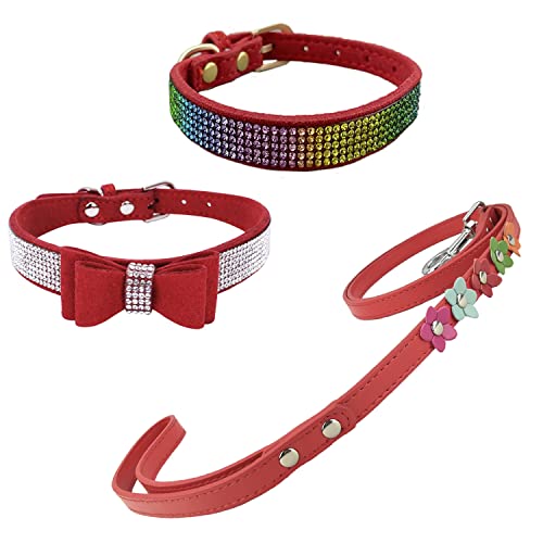 Newtensina Hundehalsband und Leine, buntes Hundehalsband mit Leine, für kleine Hunde, Rot, Größe M, 3 Stück von Newtensina