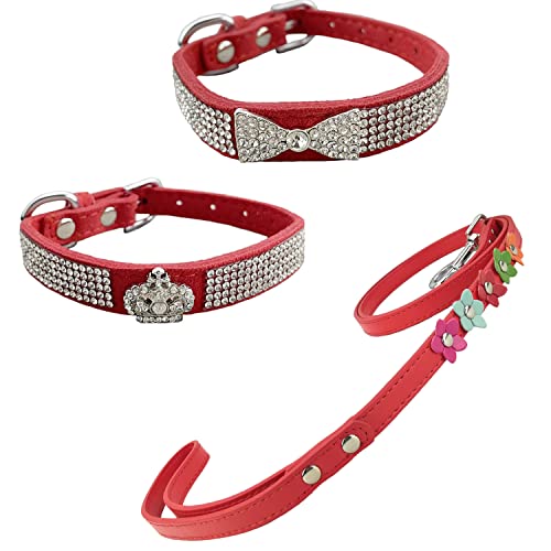 Newtensina Hundehalsband und Leine, mit Fliege und Krone, mit Leine, für kleine Hunde, Rot, 3 Stück von Newtensina