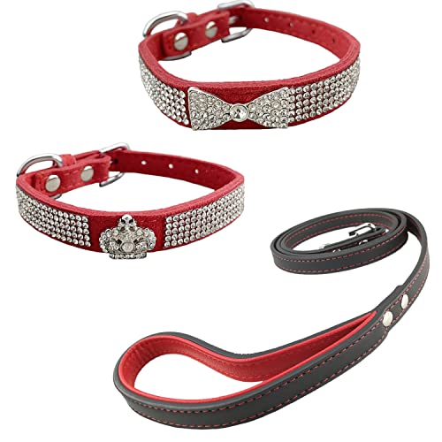 Newtensina Hundehalsband und Leine, mit Fliege und Krone, mit Leine, für kleine Hunde, Rot, Größe XXS von Newtensina