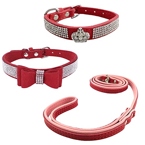 Newtensina Hundehalsband und Leine, mit Strasssteinen, Krone, für kleine Hunde, Rot, Größe XXS von Newtensina
