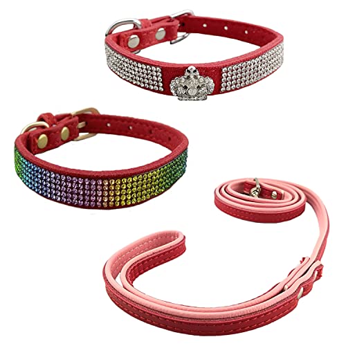 Newtensina Hundehalsband und Leine, mit Strasssteinen, für kleine Hunde, Rot, 3 Stück von Newtensina