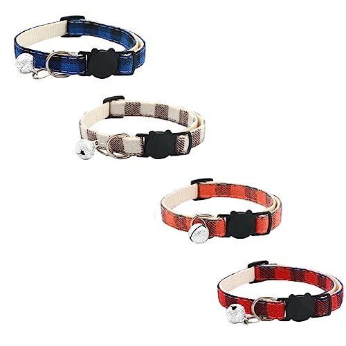 Newtensina Katzenhalsband, kariert, mit Glöckchen, Blau, Khaki, Orange, Rot, 4 Stück von Newtensina