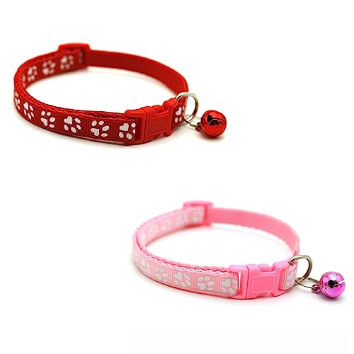 Newtensina Katzenhalsband mit Glöckchen, Pfotenabdruckmotiv, Rot / Pink, 2 Stück von Newtensina