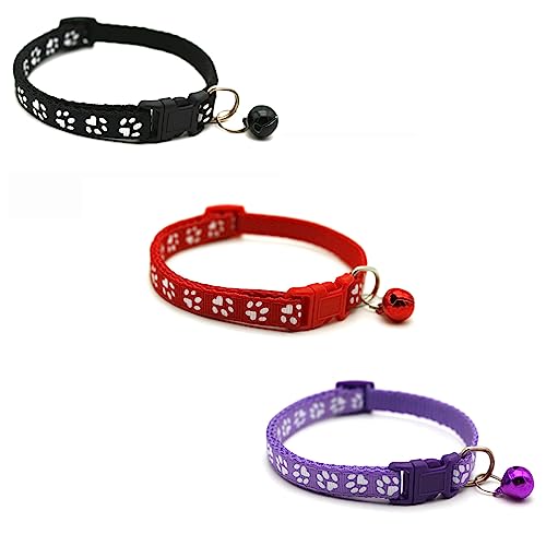 Newtensina Katzenhalsband mit Glöckchen, Pfotenabdrücke, 3 Stück, Schwarz / Rot / Violett von Newtensina