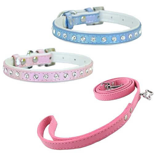 Newtensina Mode 3 Stück Hundehalsband und Hundeleine Welpenhalsband mit Diamante für kleine Hunde (0081) von Newtensina