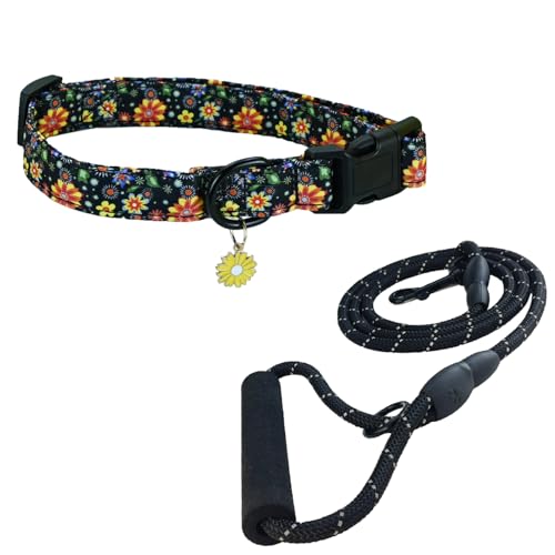 Newtensina Mode Blumenmuster Hundeleine Hundehalsband mit Blütenblatt Anhänger Schmetterling Anhänger für mittlere Hunde große Hunde (c) von Newtensina