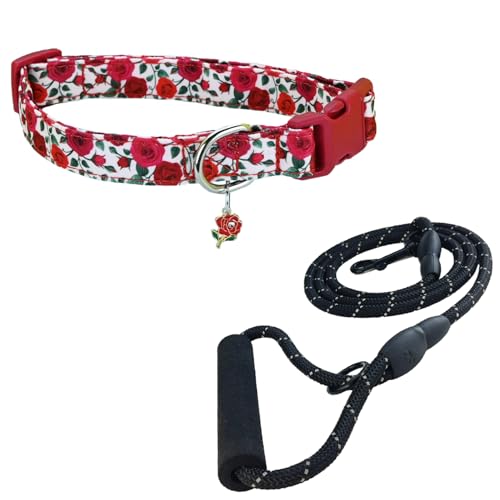 Newtensina Mode Blumenmuster Hundeleine Hundehalsband mit einem Blumenanhänger für mittlere Hunde große Hunde (c) von Newtensina