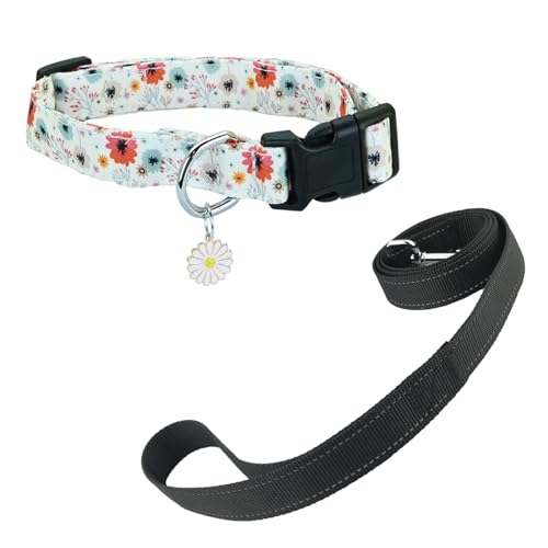 Newtensina Mode Blumenmuster Hundeleine und Hundehalsband mit einem Blütenblatt Anhänger für mittlere Hunde große Hunde (a) von Newtensina