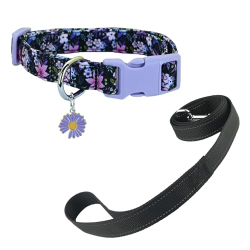 Newtensina Mode Blumenmuster Hundeleine und Hundehalsband mit einem Blütenblatt Anhänger für mittlere Hunde große Hunde (a) von Newtensina