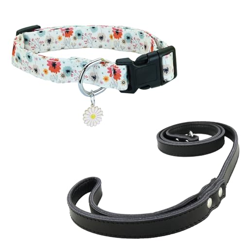 Newtensina Mode Blumenmuster Hundeleine und Hundehalsband mit einem Blütenblatt Anhänger für mittlere Hunde große Hunde (b) von Newtensina