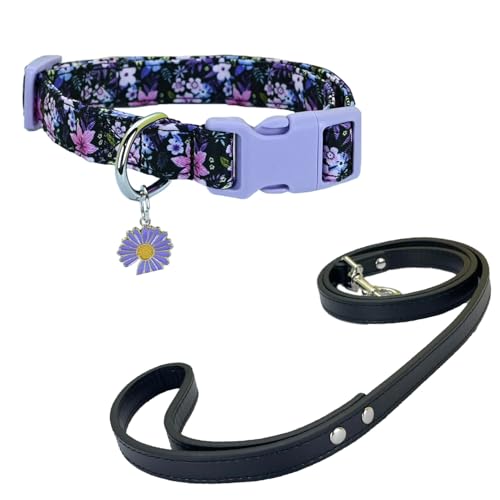 Newtensina Mode Blumenmuster Hundeleine und Hundehalsband mit einem Blütenblatt Anhänger für mittlere Hunde große Hunde (m) von Newtensina
