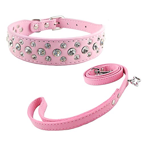 Newtensina Mode Hundehalsband und Blei Set Bling Welpen Halsband Cute Diamante Hundehalsband mit Leinen - Pink - XS von Newtensina