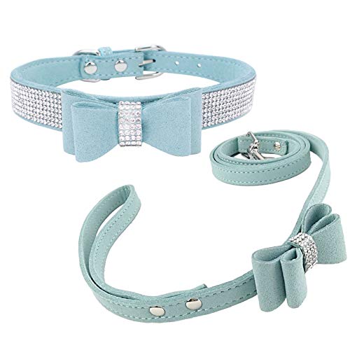 Newtensina Mode Hundehalsband und Leine mit Fliege Bling Welpen-Kragen-Leine mit Bogen für Hund - Blue - S von Newtensina