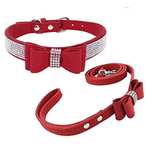 Newtensina Mode Hundehalsband und Leine mit Fliege Bling Welpen-Kragen-Leine mit Bogen für Hund - Red - XXS von Newtensina