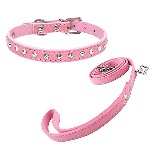 Newtensina Netter Diamante Welpen Halsband und Leine Set Bling Wildleder Halsband mit Leine für kleine Hunde Katzen - Pink - XS von Newtensina