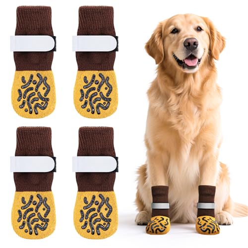 Rutschfeste Hundesocken, Pfotenschutz mit Griffen, starke Traktion, Braun, Größe L, 2 Paar von Newthinking