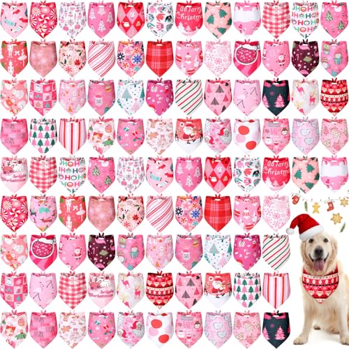 Newwiee Hundehalstücher für Hunde, weich, atmungsaktiv, verstellbar, Weihnachtsbaum, Weihnachtsmann, Schneemann, Muster, bedruckt, für kleine bis große Welpen, Katzen, Rosa, 100 Stück von Newwiee