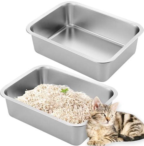 Nexboraque Katzentoilette aus Edelstahl mit hohen Seiten, Metall-Katzentoilette, antihaftbeschichtet, Katzentoilette und Haustiertoilette für Katzen, Kätzchen, Kaninchen, 44,5 x 34,9 x 15,2 cm, 2 von Nexboraque
