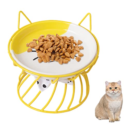Keramik-Katzennapf mit Metallständer, erhöhter Katzennapf Anti-Erbrechen Flach Keramikschale Katzenfutternapf Futter Wasser Futternäpfe für Katzen und kleine Hunde (Gelb) von Nexoria