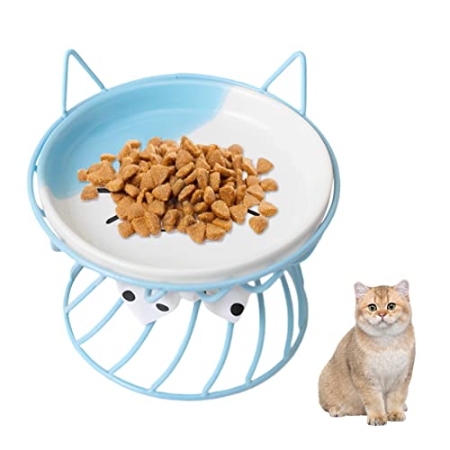 Keramik-Katzennapf mit Metallständer, erhöhter Katzennapf Anti-Erbrechen Flach Keramikschale Katzenfutternapf Futter Wasser Futternäpfe für Katzen und kleine Hunde (blau) von Nexoria