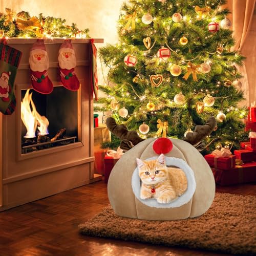 Nhujevkom Weihnachtskatzenbett, Hundebett Weihnachten | Winter Katzenhöhle Weihnachtsbett | Hundezeltbett, waschbares Katzennest für den Innenbereich, halbgeschlossenes Katzenhausbett für Welpen und von Nhujevkom