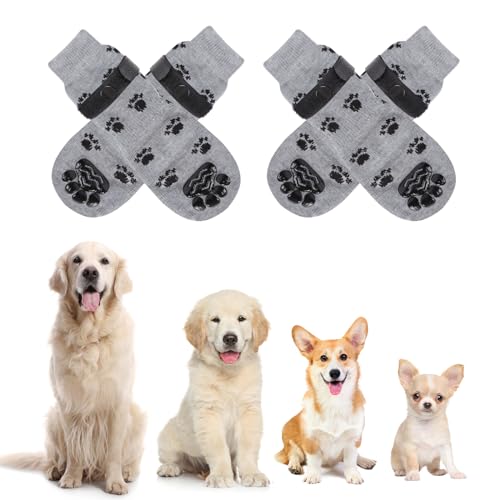 NiCoLa 2 Paar rutschfeste Hundesocken, Haustierpfotenschutz, Hundestiefel, Hundekrallensocken, verstellbare Hundesocken für Haustiere drinnen und draußen (L, Grau) von NiCoLa