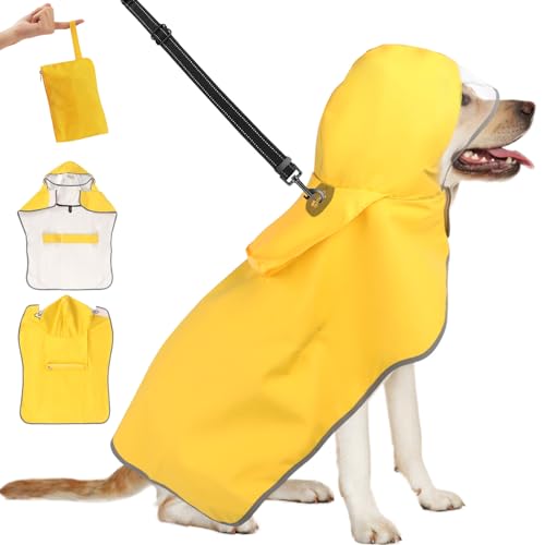 Hunde-Regenmantel, wasserdichte Haustier-Regenkleidung, verstellbare Welpen-Regenjacke mit reflektierendem Streifen, leichter Welpen-Regenmantel mit Kapuze für große Haustiere (gelb, L) von NiCola