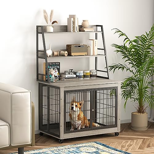 Okak Hundekäfig, Möbel-Stil, Hundekäfig, Beistelltisch mit Regalen, Holz-Hundebox mit doppelten Schiebetüren auf Rollen, Hundehütte für mittelgroße und große Hunde, Grau, 98 cm L Okak Hundekäfig, Möbel-Stil, Hundekäfig, Beistelltisch mit Regalen, Holz-Hundebox mit doppelten Schiebetüren auf Rollen, Hundehütte für mittelgroße und große Hunde, Grau, 98 cm L von NicBex
