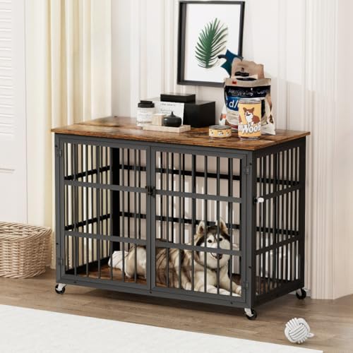 Okak Hundekäfig-Möbel, Holz, robuste Hundehütte mit seitlichen und aufklappbaren Öffnungen auf Rollen, dekoratives Haustierhaus, Hundekäfig, Beistelltisch für mittelgroße und große Hunde, rustikales Okak Hundekäfig-Möbel, Holz, robuste Hundehütte mit seitlichen und aufklappbaren Öffnungen auf Rollen, dekoratives Haustierhaus, Hundekäfig, Beistelltisch für mittelgroße und große Hunde, rustikales von NicBex