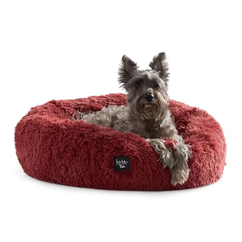 Nicole Miller New York PET Ellie Fuzzy Solid Donut Haustierbett, Plüsch, gemütlich und beruhigend, rutschfeste Unterseite, 100% maschinenwaschbar, Burgunderrot, Größe S, 61 x 61 x 17,8 cm, rund von Nicole Miller New York