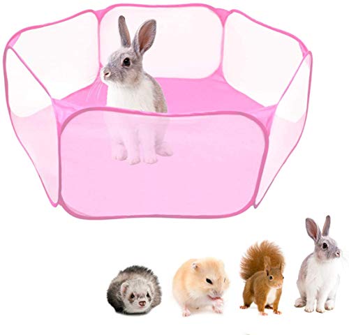 Kleintierkäfig-Zelt, 119 cm, faltbar, atmungsaktiv, transparent, für den Innen- und Außenbereich, mit Zaun für Meerschweinchen, Kaninchen, Hamster, Chinchillas und Igel (Pink) von Nicoone