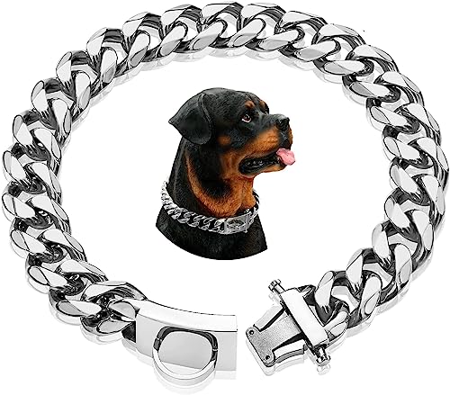 Nicoone Cuban Link Hundehalsband, Silberkette, Hundehalsband, 15 mm breit, kubanische Gliederkette, Halsband mit Metallschnalle, D-Ring, Welpenkostüm,16 zoll von Nicoone