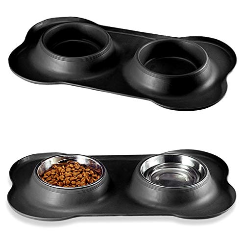 Nicoone Doppel- Hundenäpfe Tiernahrungsschale aus Edelstahl mit Rutschfester Silikonmatte für Katzenhunde- Schwarz von Nicoone