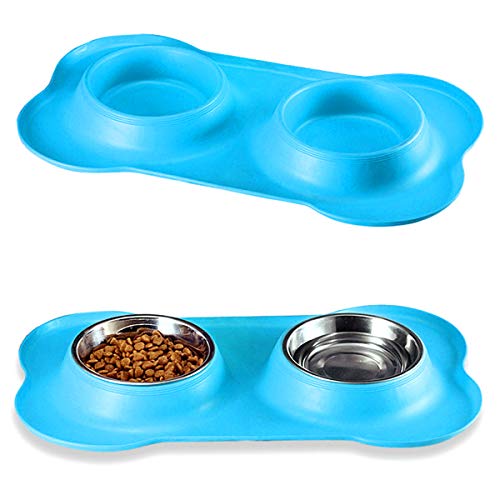 Nicoone Doppelte Hundenäpfe Tiernahrungsschale aus Edelstahl mit Rutschfester Silikonmatte für Katzenhunde- Blau von Nicoone