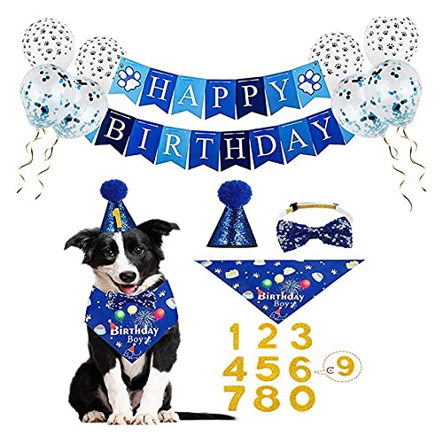 Nicoone Geburtstagsparty-Zubehör für Hunde, Geburtstagsdekorationen mit Geburtstagsbanner, Hut, Luftballons, Halsband, Lätzchen für Haustiere, Welpen, Geburtstagsdekorationen für Jungen von Nicoone