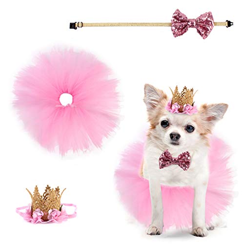 Nicoone Hund Tutu Rock Fliege Krone Hut Set,3 Stück Nette Tutu Kleider Hundekleidung Kleine Hunde,Hundeanzug Für Katzen Hunde Geburtstagsparty Geschenk von Nicoone