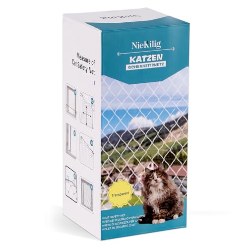 NieKilig Katzengitter Fenster ohne Bohren, 5x3m Katzennetz für Balkon zum kleben, Transparentes Katzenschutznetz für Katzen zur Sicherung von Balkon, Terrassen, Fenstern, Dachluken, Türen von NieKilig