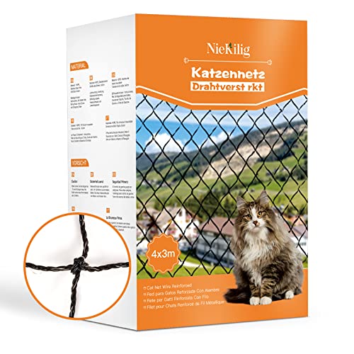 NieKilig Drahtverstärktes Katzennetz für Balkone, 4x3m Balkon Drahtnetz Katzen, Katzenschutznetz für Balkon, Katzengitter Fenster ohne Bohren für Balkone, Terrassen, Fenster, Oberlichter, Türen, Zäune von NieKilig