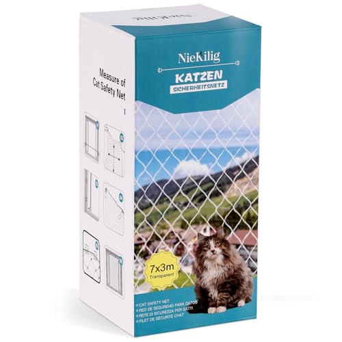 NieKilig Katzennetz für Balkon, 7x3m Katzengitter Fenster ohne Bohren, Transparentes Katzenschutznetz für Katzen zur Sicherung von Balkon, Terrassen, Fenstern, Dachluken, Türen von NieKilig