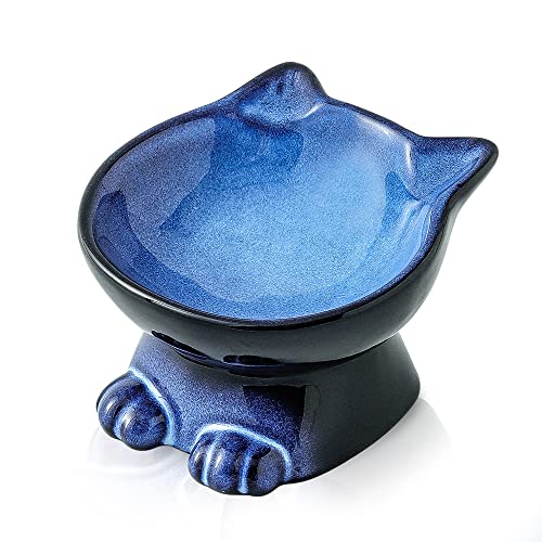 Nihow Erhöhter Katzennapf, 12,7 cm, Keramik, erhöhter Futternapf für Katzen, zum Schutz der Wirbelsäule des Haustieres, mikrowellen- und spülmaschinenfest, elegantes Blau und Schwarz (127,6 g/1 Stück) von Nihow