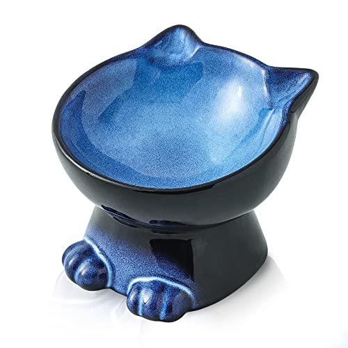 Nihow Erhöhter Katzennapf, 16,25 cm, Keramik, erhöhter Katzenfutternapf zum Schutz der Wirbelsäule des Haustieres, mikrowellen- und spülmaschinenfest, elegantes Blau und Schwarz (192 ml/1 Stück) von Nihow