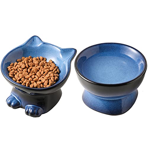 Nihow Erhöhtes Katzen-/Hundenapf-Set: 12,7 cm, Keramik, erhöhtes Katzenfutter- und Wassernapf-Set zum Schutz der Wirbelsäule des Haustieres, elegantes Blau und Schwarz, 2 Stück von Nihow