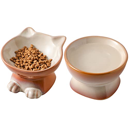 Nihow Erhöhtes Katzen-/Hundenapf-Set: 12,7 cm, Keramik, erhöhtes Katzenfutter- und Wassernapf-Set zum Schutz der Wirbelsäule des Haustieres, elegantes Braun, 2 Stück von Nihow