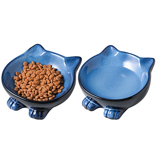 Nihow Keramik-Katzennäpfe: 12,7 cm Katzennapf für Futter und Wasser, lebensmittelechte Katzenschale für kleine Katzen, mikrowellen- und spülmaschinenfest, elegantes Blau und Schwarz, 2 Stück von Nihow