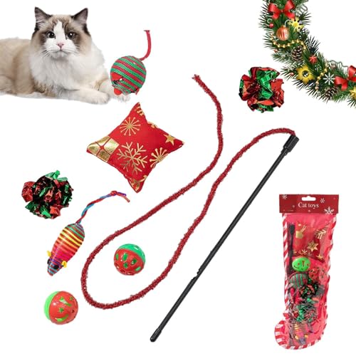 Niktule Weihnachtskatzenspielzeug, Weihnachtskätzchen-Zauberstab-Spielzeug-Set, Katzen-Teaser-Spielset, interaktives Haustierspielzeug, lustige Übung für Katzen und Kätzchen von Niktule