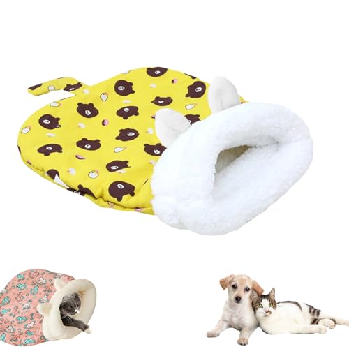 Katzenschlafsack für Hauskatzen, Katzennestbett, Niedlicher Cartoon-Druck, 360°-Rundum-Wärme & Große Tasche (Yellow) von Nimedala
