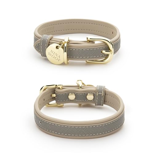 Nina Woof London City Hundehalsband aus veganem Leder,Luxus Niedlich Hundehalsband Verstellbare Schnalle Halsband für Hunde,Gepolstert Grau über Beige, Medium Nina Woof London City Hundehalsband aus veganem Leder,Luxus Niedlich Hundehalsband Verstellbare Schnalle Halsband für Hunde,Gepolstert Grau über Beige, Medium von Nina Woof