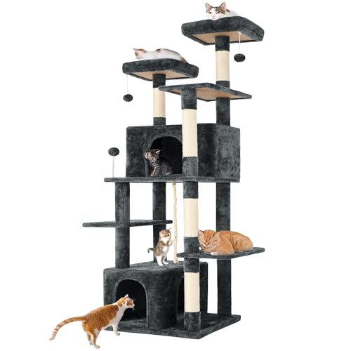 Nineshi 175,3 cm großer Kratzbaum für Indoor-Katzen mit weichem Plüsch-Hängeball, zwei Höhlen, Sisal-Kratzbäumen und Seilspiel für Kätzchen/erwachsene Katzen, Dunkelgrau von Nineshi