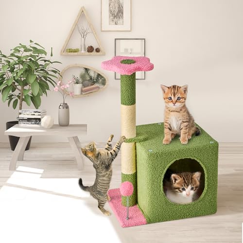 Nineshi 61 cm Kratzbaum für Indoor-Katzen mit floralem Sisal-Kratzbaum, Plüsch-Ball, Spielmöbel für Kätzchen, Katzen, Rosa von Nineshi