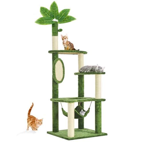 Nineshi Großer Kratzbaum für Indoor-Katzen mit Hängematte, grüne Blätter, Sisal-Kratzbaum, Plüsch-Ball, Spielmöbel für Kätzchen und ausgewachsene Katzen, 140 cm, Grün von Nineshi